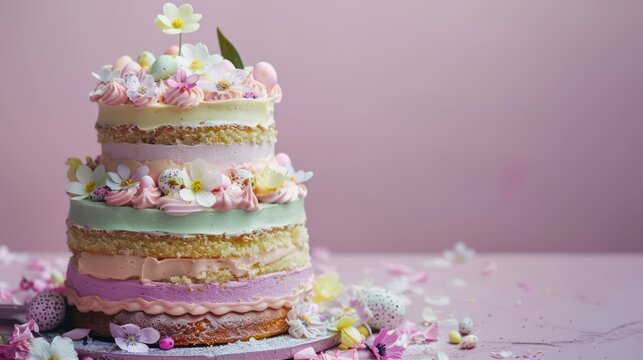 festive Easter cake with pastel layers and edible flowers on a light purple background, inviting and perfect for spring text