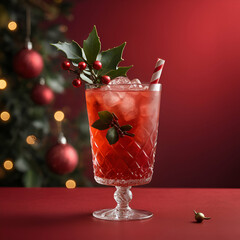 A festive red drink with holly