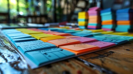 Poster - Stacks of Colorful Sticky Notes on Wooden Table. Multiple stacks of colorful sticky notes arranged on a wooden table, ready for use in planning and organizing tasks.