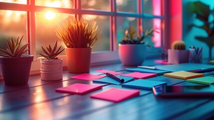 Poster - Sunlit Desk with Sticky Notes and Plants. Sunlit desk featuring sticky notes, potted plants, and stationery, showcasing an inviting and organized work environment.