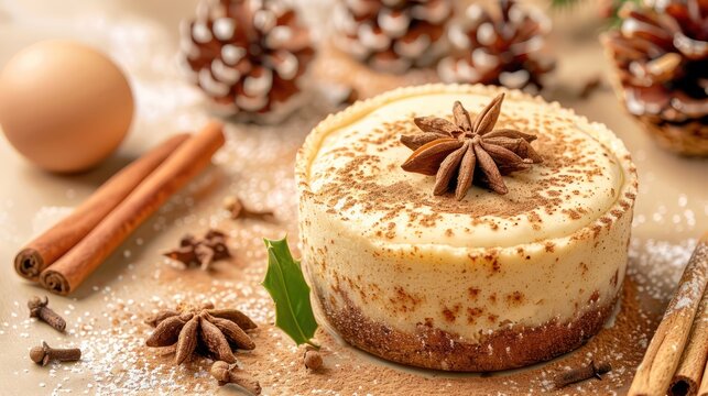 festive eggnog cake with nutmeg and cinnamon on a warm beige background, holiday-ready for inviting text