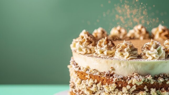 festive Eggnog cake with a dusting of nutmeg, presented against a cool mint green background