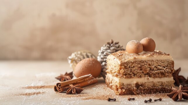 festive eggnog cake with nutmeg and cinnamon on a warm beige background, holiday-ready for inviting text
