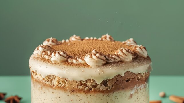 festive Eggnog cake with a dusting of nutmeg, presented against a cool mint green background