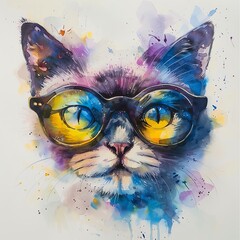  Colorful watercolor painting of a cat wearing sunglasses, blending vibrant hues for a funky and artistic appeal.