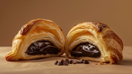 Delicious Chocolate-Filled Croissant on Beige Background