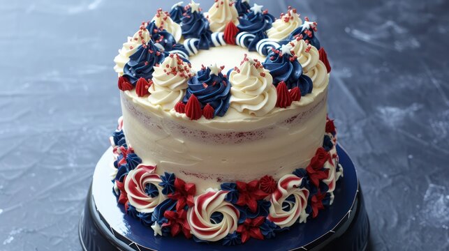 festive Fourth of July cake with red, white, and blue frosting on a navy background, patriotic and ideal for Independence Day text