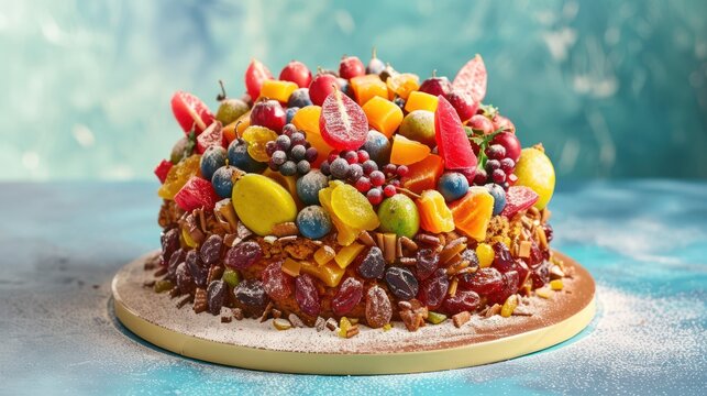 festive fruitcake adorned with candied fruits on a pastel indigo background, ready for holiday greetings