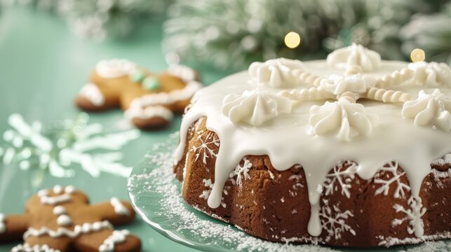 festive gingerbread cake with white icing on a cool ice green background, holiday-ready for text