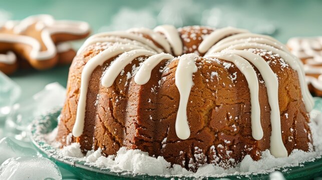 festive gingerbread cake with white icing on a cool ice green background, holiday-ready for text