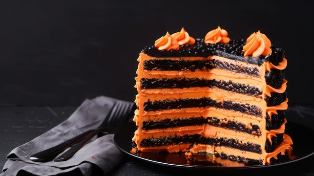 festive Halloween cake with orange and black layers on a midnight black background, perfect for spooky text