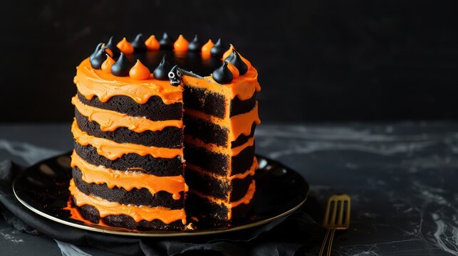 festive Halloween cake with orange and black layers on a midnight black background, perfect for spooky text