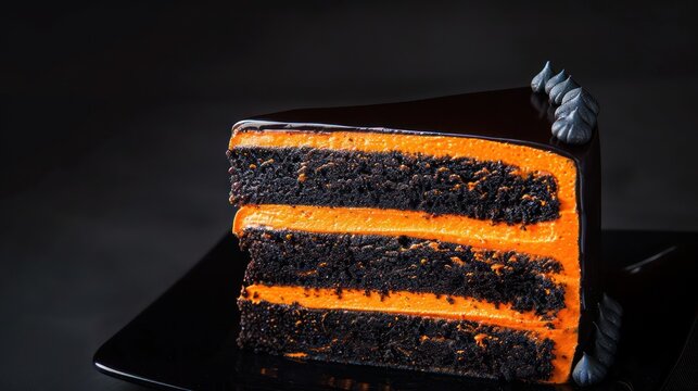 festive Halloween cake with orange and black layers on a midnight black background, perfect for spooky text
