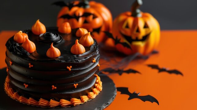festive Halloween cake with black icing and orange pumpkins on a dark orange background, spooky and perfect for Halloween text