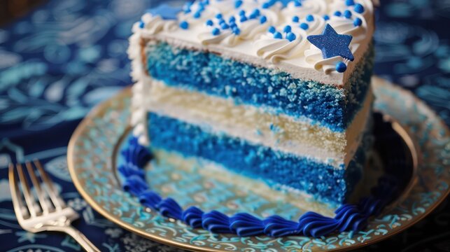 festive Hanukkah cake with blue and white layers on a cool Hanukkah blue background, holiday-ready for celebratory text