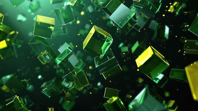 3D render of a plexus of green and yellow geometric shapes floating on a black backdrop, designed with a large text area