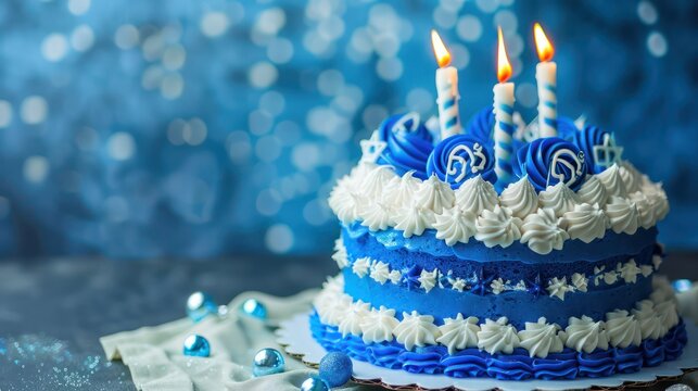 festive Hanukkah cake with blue and white layers on a cool Hanukkah blue background, holiday-ready for celebratory text