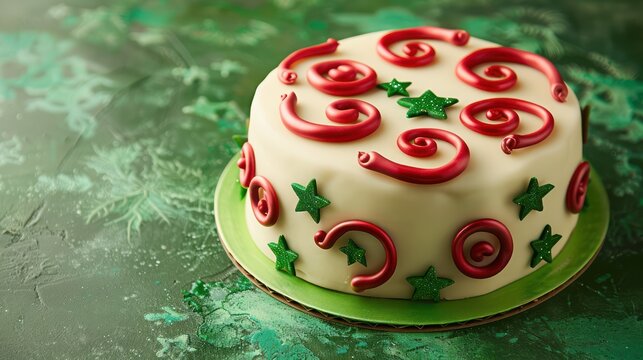 festive holiday cake with red and green swirls and edible stars on a bright green background, ideal for cheerful holiday text