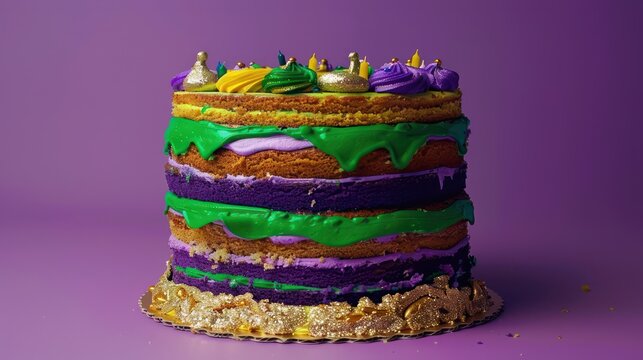 festive Mardi Gras cake with purple, green, and gold layers on a vibrant purple background, celebratory and perfect for festive text