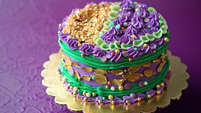 festive Mardi Gras cake with purple, green, and gold layers and edible beads on a vibrant purple background, celebratory and perfect for Mardi Gras festivities