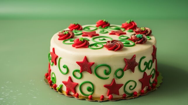 festive holiday cake with red and green swirls and edible stars on a bright green background, ideal for cheerful holiday text