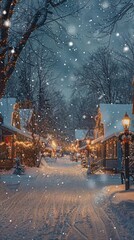 Wall Mural - a snowy street with christmas lights on it