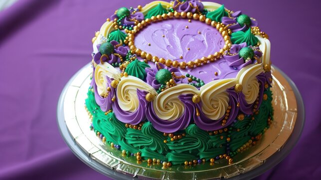 festive Mardi Gras cake with purple, green, and gold layers and edible beads on a vibrant purple background, celebratory and perfect for Mardi Gras festivities