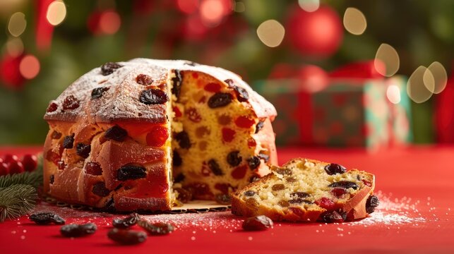 festive pannetone cake with dried fruits on a vibrant vermilion background, holiday-perfect for text