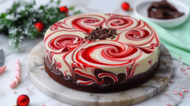 festive peppermint and chocolate cake with red and white swirls on a light mint background, ideal for holiday celebrations
