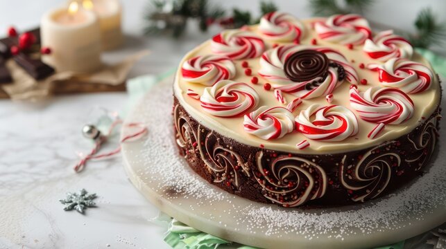 festive peppermint and chocolate cake with red and white swirls on a light mint background, ideal for holiday celebrations