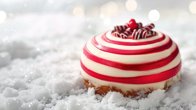 festive peppermint cake with red and white stripes on a snowy white background, ideal for holiday greetings