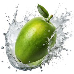 Wall Mural - Fresh Green Mango Splashing Into Water. Generative AI