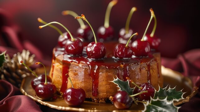 festive rum cake with glazed cherries on a rich burgundy background, holiday-perfect for text