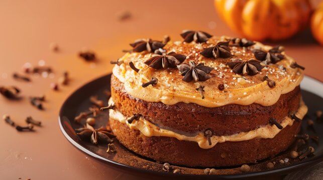 festive spiced orange cake with cloves on a burnt orange background, warm and perfect for autumnal text
