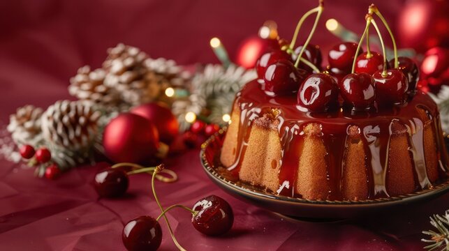 festive rum cake with glazed cherries on a rich burgundy background, holiday-perfect for text