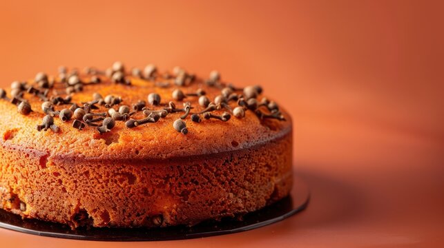 festive spiced orange cake with cloves on a burnt orange background, warm and perfect for autumnal text