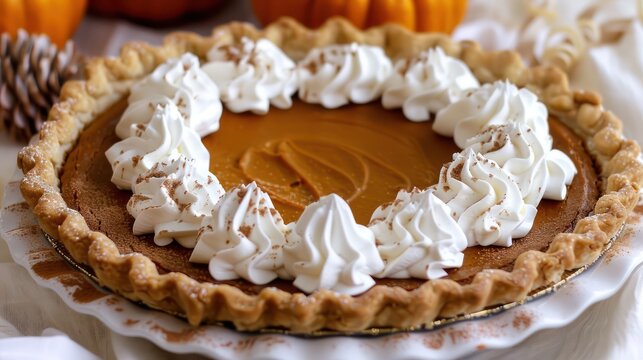 festive Thanksgiving pumpkin pie cake with whipped cream on a rich pumpkin spice background, holiday-ready for festive text