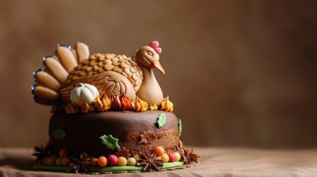 festive Thanksgiving turkey cake with edible decorations on a warm brown background, perfect for holiday text