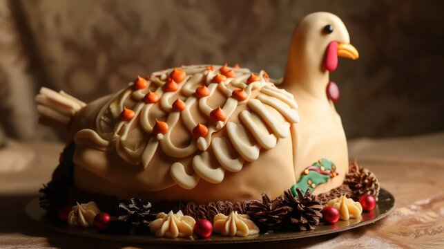 festive Thanksgiving turkey-shaped cake with edible decorations on a warm brown background, perfect for holiday gatherings