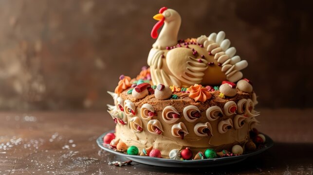 festive Thanksgiving turkey cake with edible decorations on a warm brown background, perfect for holiday text