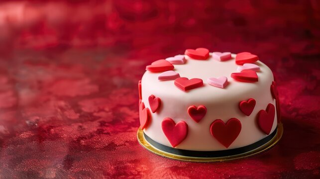 festive Valentine's Day cake with pink and red hearts on a deep red background, romantic and perfect for love-themed text