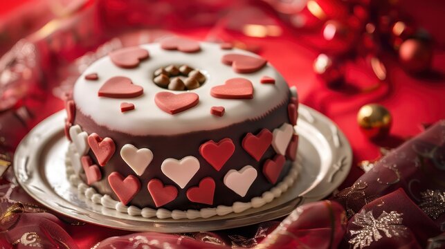 festive Valentinea??s Day cake with heart decorations on a romantic red background, perfect for love-themed text