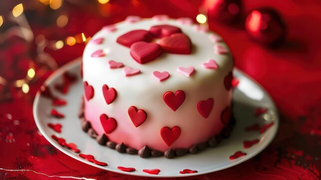 festive Valentine's Day cake with red and pink hearts on a romantic red background, perfect for love-themed celebrations