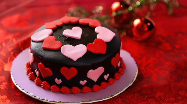 festive Valentine's Day cake with red and pink hearts on a romantic red background, perfect for love-themed celebrations