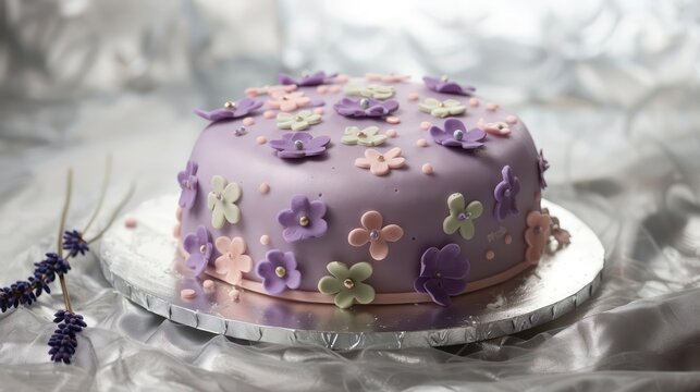 floral-themed lavender cake on a soft silver background, leaving room for text