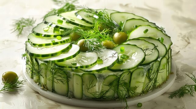 fresh cucumber and dill cake, unique and refreshing, presented on a light olive background
