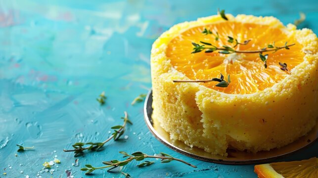 fresh orange polenta cake with thyme on a bright azure background, refreshing and lively for text