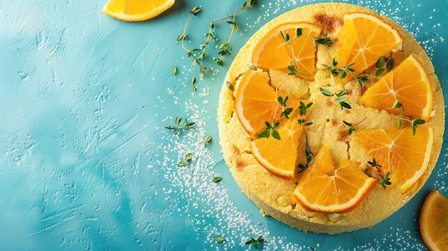 fresh orange polenta cake with thyme on a bright azure background, refreshing and lively for text