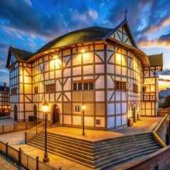 Illuminated Globe Theater at Sunset in London. Generative AI