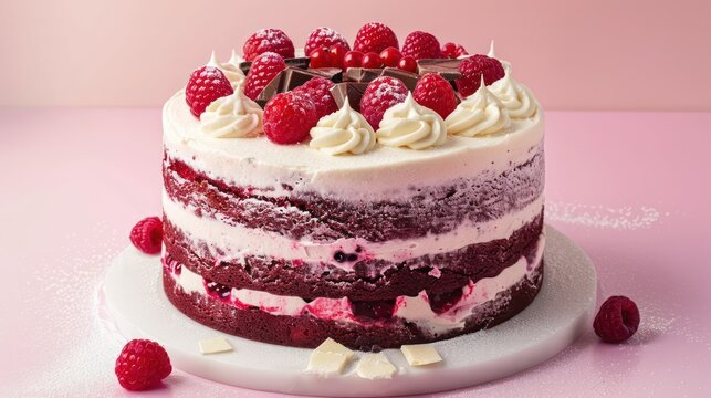 fresh raspberry and white chocolate cake on a light pink background, inviting and perfect for sweet text
